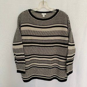 J JILL Striped Heavyweight Cotton Blend 3/4 Sleeve Pullover Sweater